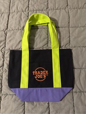Trader Joe's Black Tote Bag with Neon Yellow Handles and Purple Base